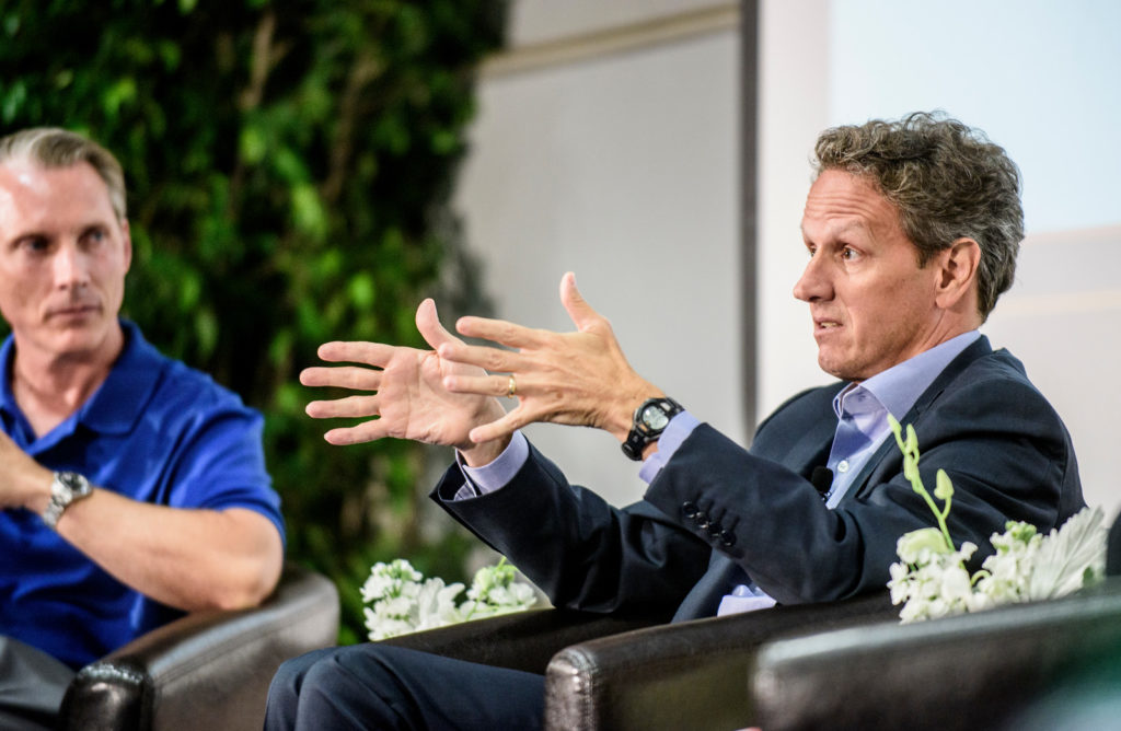 U.S. Treasury Secretary Timothy Geithner addresses participants at the 2015 National Institute of Public Finance, in partnership with the AIF Institute