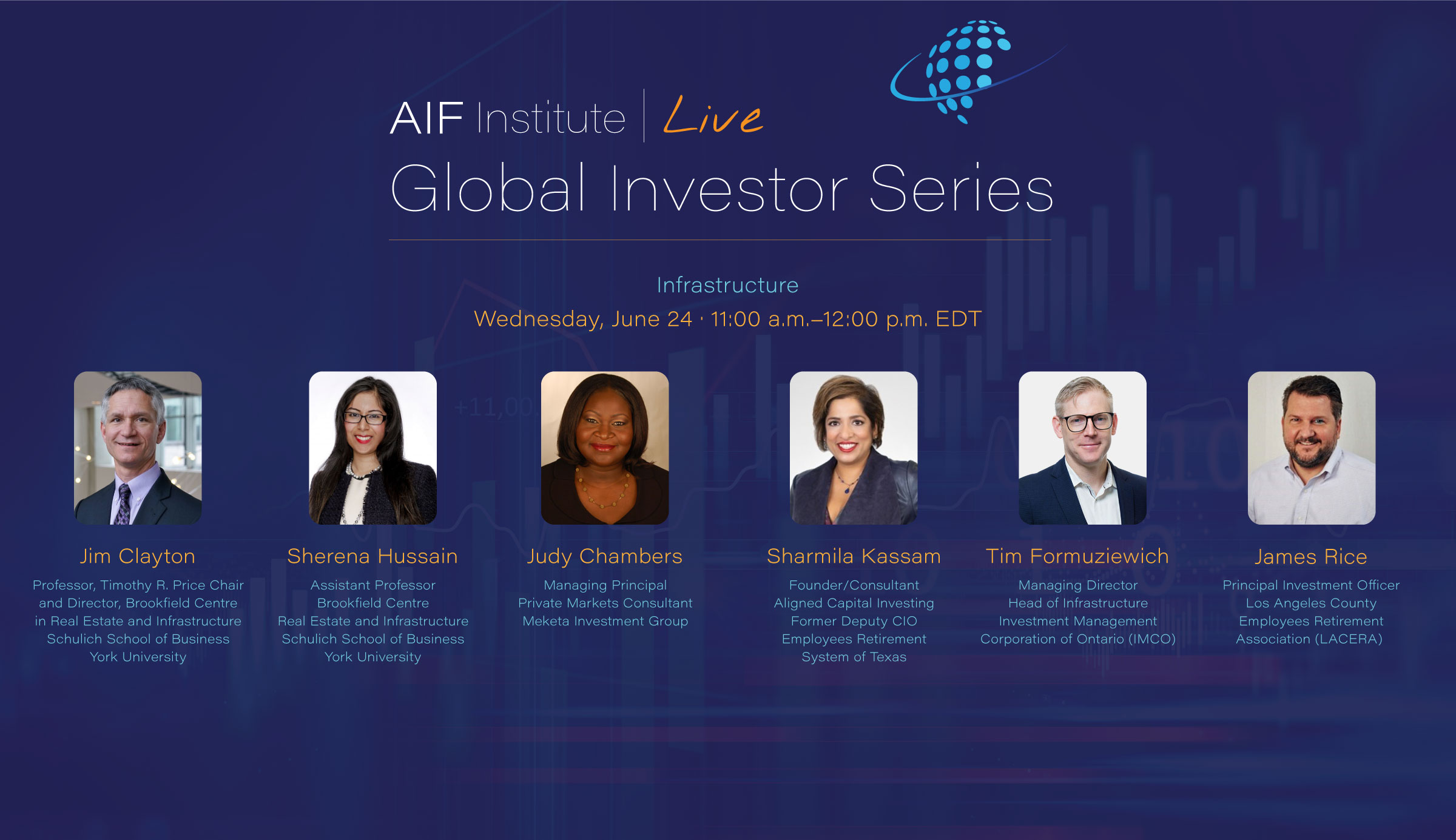 AIF Institute Live: Global Investor Series | Infrastructure | Wednesday, June 24 at 11:00 a.m. EDT | Featuring Jim Clayton, Professor, Timothy R. Price Chair, and Director, Brookfield Centre in Real Estate and Infrastructure, Schulich School of Business, York University; Sherena Hussain, Assistant Professor Brookfield Centre Real Estate and Infrastructure Schulich School of Business York University; Judy Chambers, Managing Principal, Private Markets Consultant, Meketa Investment Group; Sharmila Kassam, Founder/Consultant, Aligned Capital Investing and Former Deputy Chief Investment Officer, Employees Retirement System of Texas; Tim Formuziewich, Managing Director and Head of Infrastructure, Investment Management Corporation of Ontario (IMCO); James Rice, Principal Investment Officer, Los Angeles County Employees Retirement Association (LACERA)